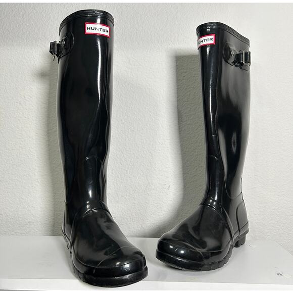 Hunter Original Tall Gloss Rain Boots Black Classic Black Women's Size 8 - Picture 2 of 13